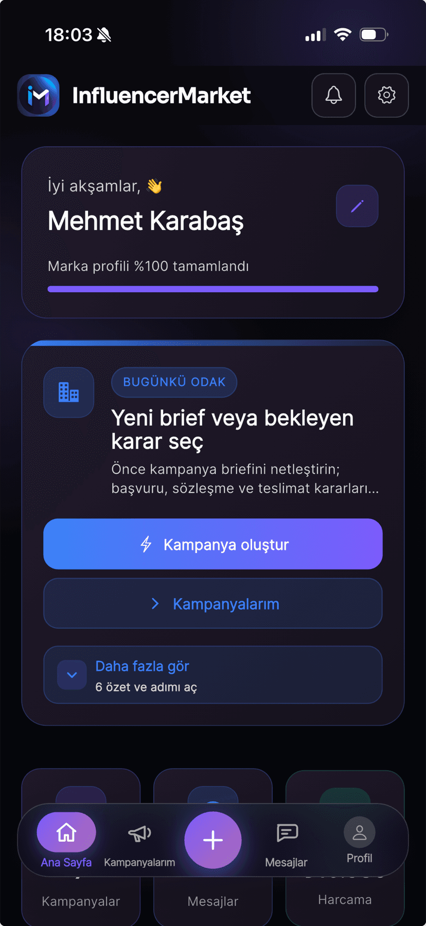 Influencer Market mobile app dark interface
