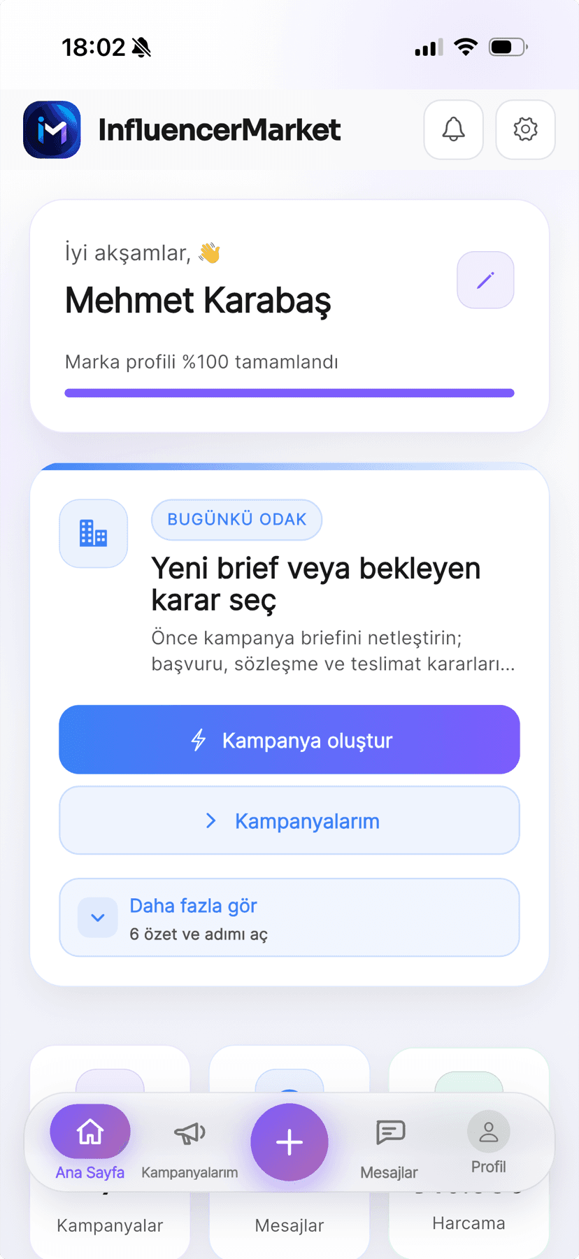 Influencer Market mobile app light interface